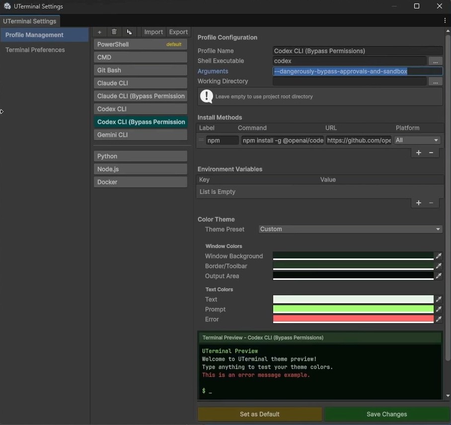 UTerminal profile configuration screen with optional AI CLI presets
